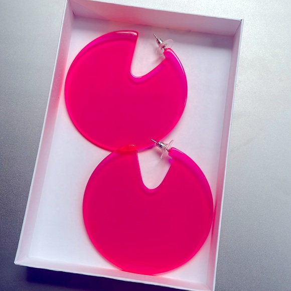 Translucent Neon Pink Color Block Statement Earrings - Picture 1 of 6